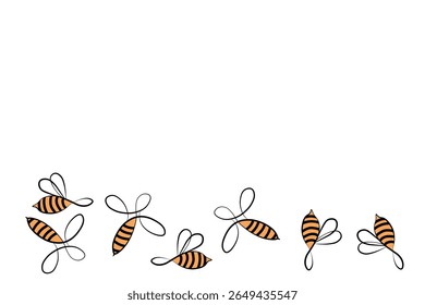 Mascote de abelhas de desenho animado. Pequena abelha voando. Coleção Wasp. Caracteres das abelhas vetoriais. Ícone de inseto. Modelo de design para convite, cartão. Estilo Doodle. Plano de fundo com espaço de cópia.