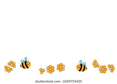 Mascote de abelhas de desenho animado. Pequena abelha voando. Coleção Wasp. Caracteres das abelhas vetoriais. Ícone de inseto. Modelo de design para convite, cartão. Estilo Doodle. Plano de fundo com espaço de cópia.