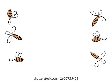 Mascote de abelhas de desenho animado. Pequena abelha voando. Coleção Wasp. Caracteres das abelhas vetoriais. Ícone de inseto. Modelo de design para convite, cartão. Estilo Doodle. Plano de fundo com espaço de cópia.