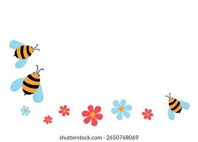 Mascote de abelhas de desenho animado. Pequena abelha voando. Coleção Wasp. Caracteres das abelhas vetoriais. Ícone de inseto. Modelo de design para convite, cartão. Estilo Doodle. Plano de fundo com espaço de cópia.
