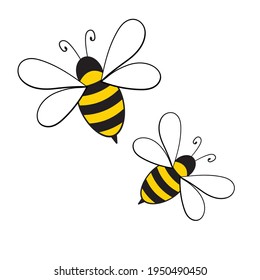 Cartoon bee mascot. A small bees flies. Wasp collection. Vector characters. Incest icon. Template design for invitation, cards. Doodle style.