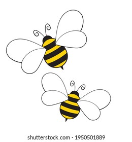 Cartoon bee mascot. A small bees flies. Wasp collection. Vector characters. Incest icon. Template design for invitation, cards. Doodle style.