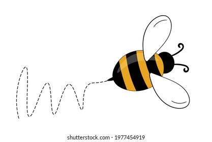 Cartoon bee mascot. A small bees flying on a dotted route. Wasp collection. Vector characters. Incest icon. Template design for invitation, cards. Doodle style.