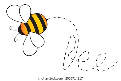 Cartoon bee mascot. A small bees flying on a dotted route. Wasp collection. Vector characters. Incest icon. Template design for invitation, cards. Doodle style.
