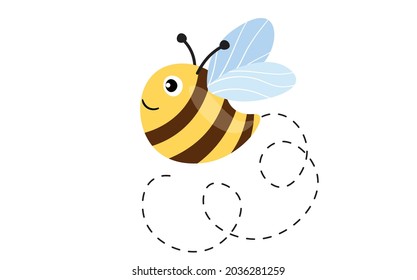 Cartoon bee mascot. A small bees flying on a dotted route. Wasp collection. Vector characters. Incest icon. Template design for invitation, cards. Doodle style.