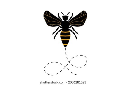 Cartoon bee mascot. A small bees flying on a dotted route. Wasp collection. Vector characters. Incest icon. Template design for invitation, cards. Doodle style.