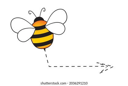 Cartoon bee mascot. A small bees flying on a dotted route. Wasp collection. Vector characters. Incest icon. Template design for invitation, cards. Doodle style.