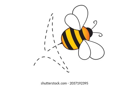 Cartoon bee mascot. A small bees flying on a dotted route. Wasp collection. Vector characters. Incest icon. Template design for invitation, cards. Doodle style.