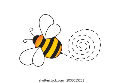 Cartoon bee mascot. A small bees flying on a dotted route. Wasp collection. Vector characters. Incest icon. Template design for invitation, cards. Doodle style.