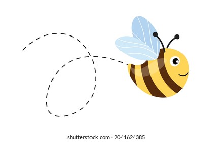 Cartoon bee mascot. A small bees flying on a dotted route. Wasp collection. Vector characters. Incest icon. Template design for invitation, cards. Doodle style.
