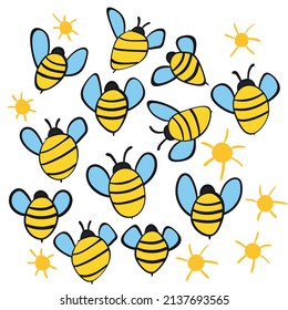 Mascota de abejas de dibujos animados. Una pequeña abeja vuela. Colección Wasp. Caracteres vectores. Icono de incesto. Diseño de plantilla para invitación, tarjetas. Estilo Doodle.