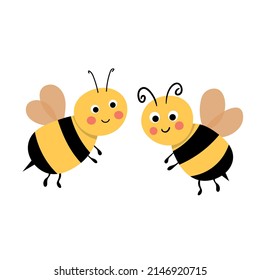 Cartoon bee mascot. A small bees flies. Wasp collection. Vector characters. Incest icon. Template design for invitation, cards. Doodle style.