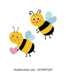 Cartoon bee mascot. A small bees flies. Wasp collection. Vector characters. Incest icon. Template design for invitation, cards. Doodle style.