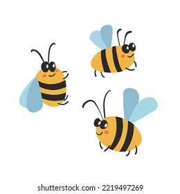 Cartoon bee mascot. A small bees flies. Wasp collection. Vector characters. Incest icon. Template design for invitation, cards. Doodle style.
