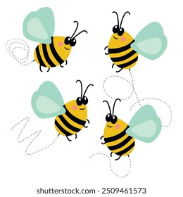 Mascota de abeja de dibujos animados. Una Pequeña abeja vuela. Colección de avispa. Personajes de Vector. Icono de incesto. Diseño de Plantilla para invitación, tarjetas. Estilo Doodle.