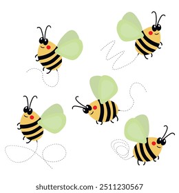 Mascota de abeja de dibujos animados. Una Pequeña abeja vuela. Colección de avispa. Personajes de Vector. Icono de incesto. Diseño de Plantilla para invitación, tarjetas. Estilo Doodle.