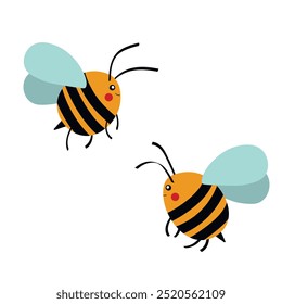 Mascote de abelhas de desenho animado. Uma abelha pequena voa. Coleção Wasp. Caracteres vetoriais. Ícone Incesto. Projeto de modelo para convites, cartões. Estilo Doodle.