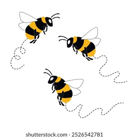 Mascote de abelhas de desenho animado. Uma abelha pequena voa. Coleção Wasp. Caracteres vetoriais. Ícone Incesto. Projeto de modelo para convites, cartões. Estilo Doodle.