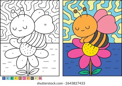 Cartoon Bee on Pink Flower Color by Number (em inglês). Atividade de Ilustração para Crianças Mostrando Estrutura de Tópicos e Versão Colorida Concluída.
