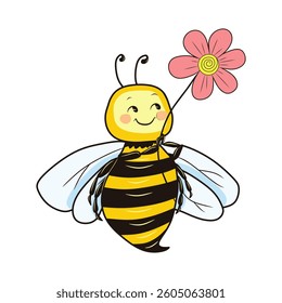 Cartoon bee on a white background. Children's drawing. Element for design in postcards, print, fabric, wallpaper and much more.
