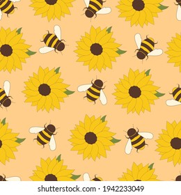 Cartoon bee on a yellow flower seamless pattern. Yellow beetles with sunflowers natural background. Bright summer design for stationery, fabric, website. Vector illustration.