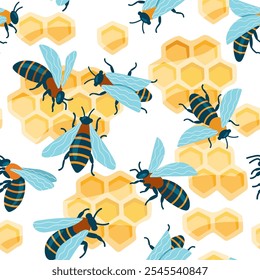 Patrón de abeja de dibujos animados. Impresión inconsútil del insecto lindo del abejorro en el fondo del panal, Fondo de pantalla abstracto del hexágono para la materia textil de la tela de los niños. Textura de Vector.