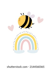 cartoon bee, rainbow. flat style, colorful vector illuatration for kids. baby design for cards, poster decoration, t-shirt print