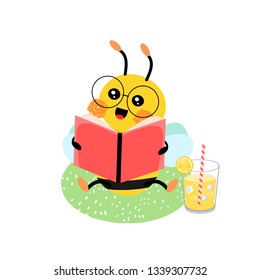 Cartoon bee reading a book isolated on white background ,vector illustration of student bee wear a glasses sit in garden,a glass of honey lemon water