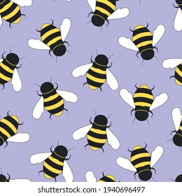 Cartoon bee seamless pattern. Large yellow beetles on a purple background. Beautiful summer design for stationery, cover, website. Abstract vector illustration. Bees print.