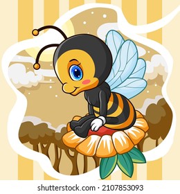 Cartoon bee sitting flower isolated night view background