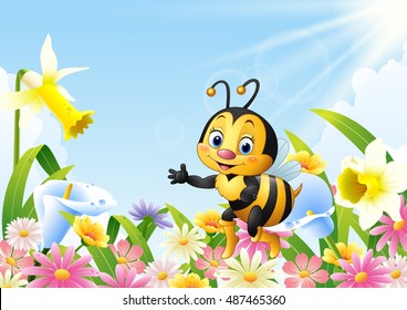 Cartoon bee sitting on flower and waving hand