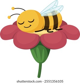 A cartoon bee is sleeping on a flower