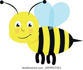 Cartoon bee with a smiling face, striped body, blue wings, and legs.