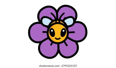 Cartoon bee smiling on purple flower