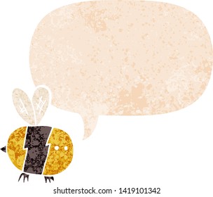 cartoon bee with speech bubble in grunge distressed retro textured style