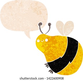 cartoon bee with speech bubble in grunge distressed retro textured style