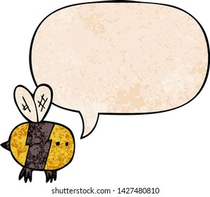 cartoon bee with speech bubble in retro texture style