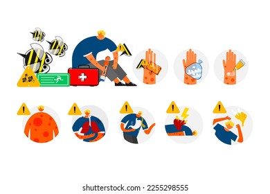 Cartoon of bee sting first aid care and anaphylactic warning signs.