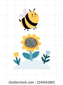 cartoon bee, sunflower. flat style, colorful vector illuatration for kids. baby design for cards, poster decoration, t-shirt print