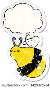 cartoon bee with thought bubble as a distressed worn sticker