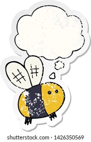 cartoon bee with thought bubble as a distressed worn sticker