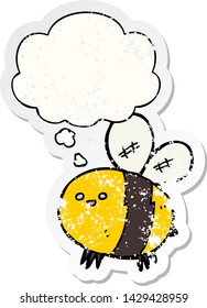 cartoon bee with thought bubble as a distressed worn sticker