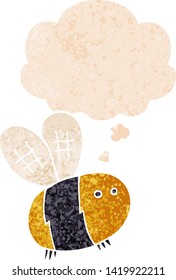 cartoon bee with thought bubble in grunge distressed retro textured style