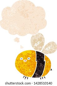 cartoon bee with thought bubble in grunge distressed retro textured style