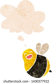 cartoon bee with thought bubble in grunge distressed retro textured style