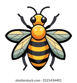 Mascota de Vector de abeja de dibujos animados con rayas amarillas, alas y ojos grandes para Ilustraciones de Naturaleza