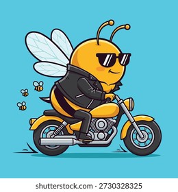 A cartoon bee wearing a leather jacket and sunglasses, riding a yellow motorcycle with smaller bees flying behind it.