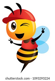 Cartoon bee wearing red cap showing victory hand sign