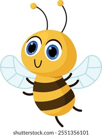 A cartoon bee with its wings spread out and a smile on its face