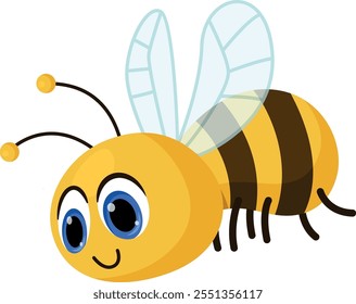 A cartoon bee with its wings spread out and a smile on its face